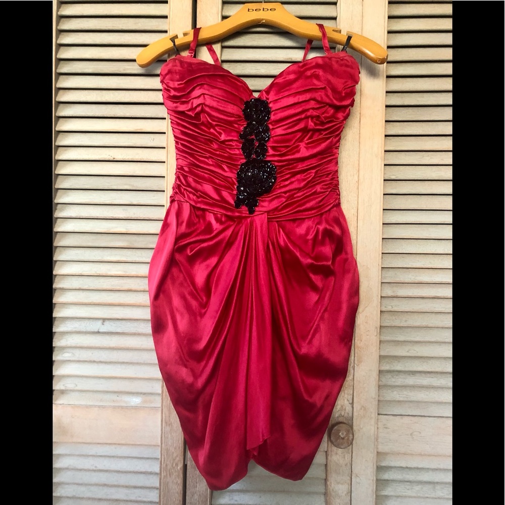 Bebe silk red satin dress embellished floral drape